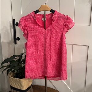 J.Crew Pink Geometric Blouse Ruffle Trim Tie Neck Split V Top Lightweight Size S
